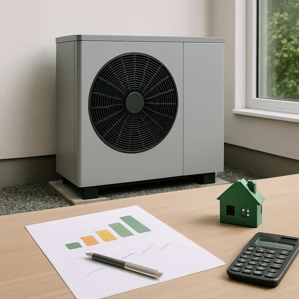 Grijze warmtepomp voor huismuur met grafische energiemeting, pencalculator en groen miniatuurhuismodel