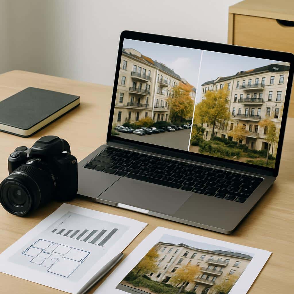 Laptop auf Holzschreibtisch mit Vorher-Nachher-Fotos einer Altbaufassade mit Balkonen neben Digitalkamera und Grundriss