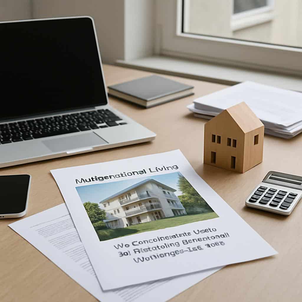 Vogelperspektive auf Schreibtisch mit Laptop, Holzhausmodell, Taschenrechner und Flyer einer Mehrgenerationen-Wohnanlage