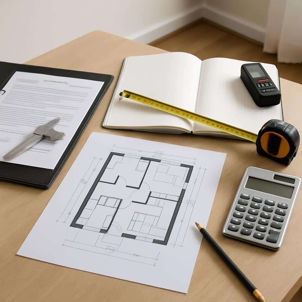 Top view of table with construction drawing and measuring tools such as tape measure, calculator, pencil and hammer