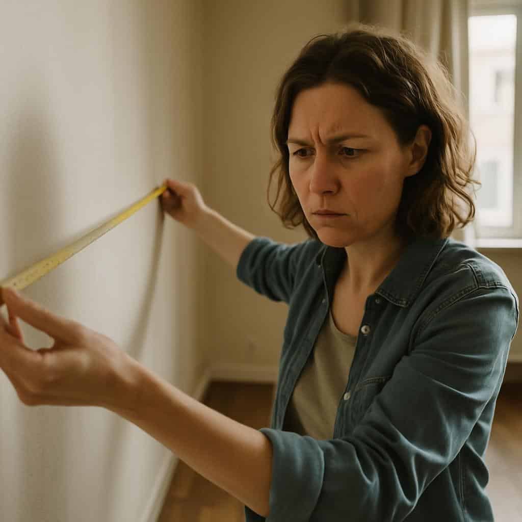 Person measures flat wall with tape measure at close range