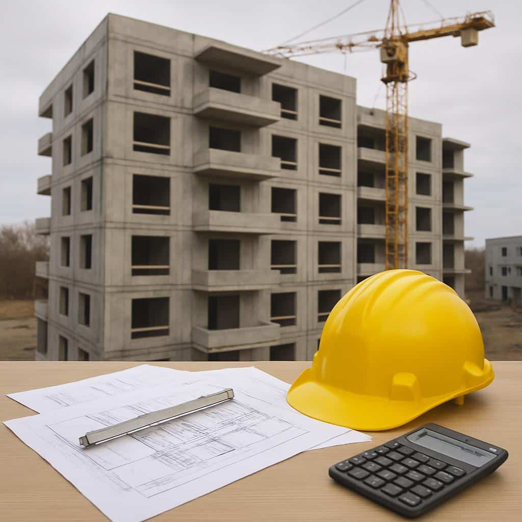 Blick auf mehrgeschossigen Betonrohbau mit Baukran im Hintergrund im Vordergrund Baupläne Schutzhelm und Taschenrechner