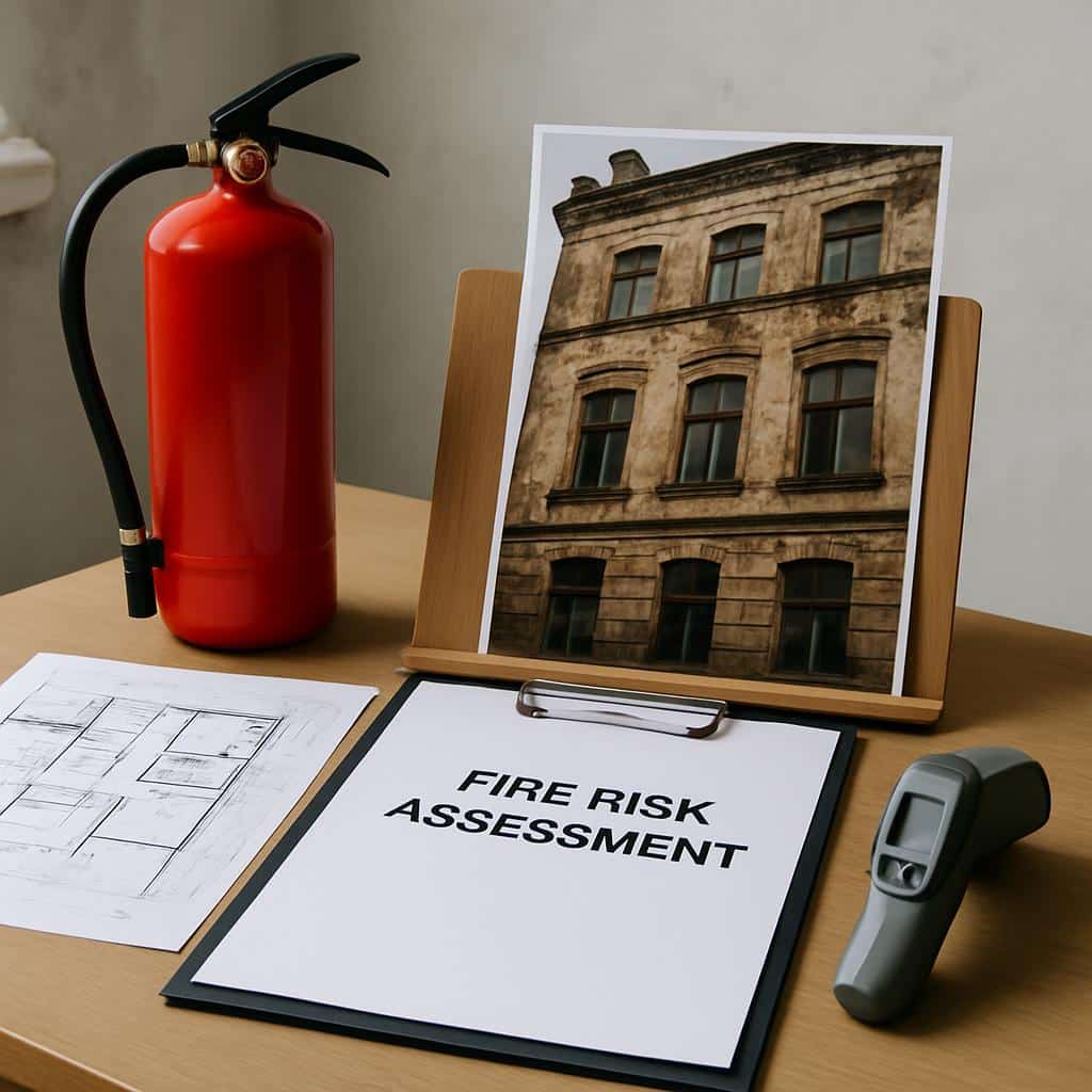 Auf Schreibtisch roter Feuerlöscher neben Brandrisikobewertung und Infrarotthermometer vor Fotodruck eines Altbaus