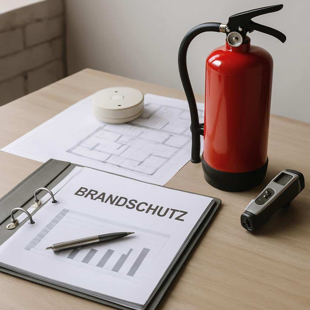 Red fire extinguishers and smoke detectors on desk next to fire protection folder with diagram in top view