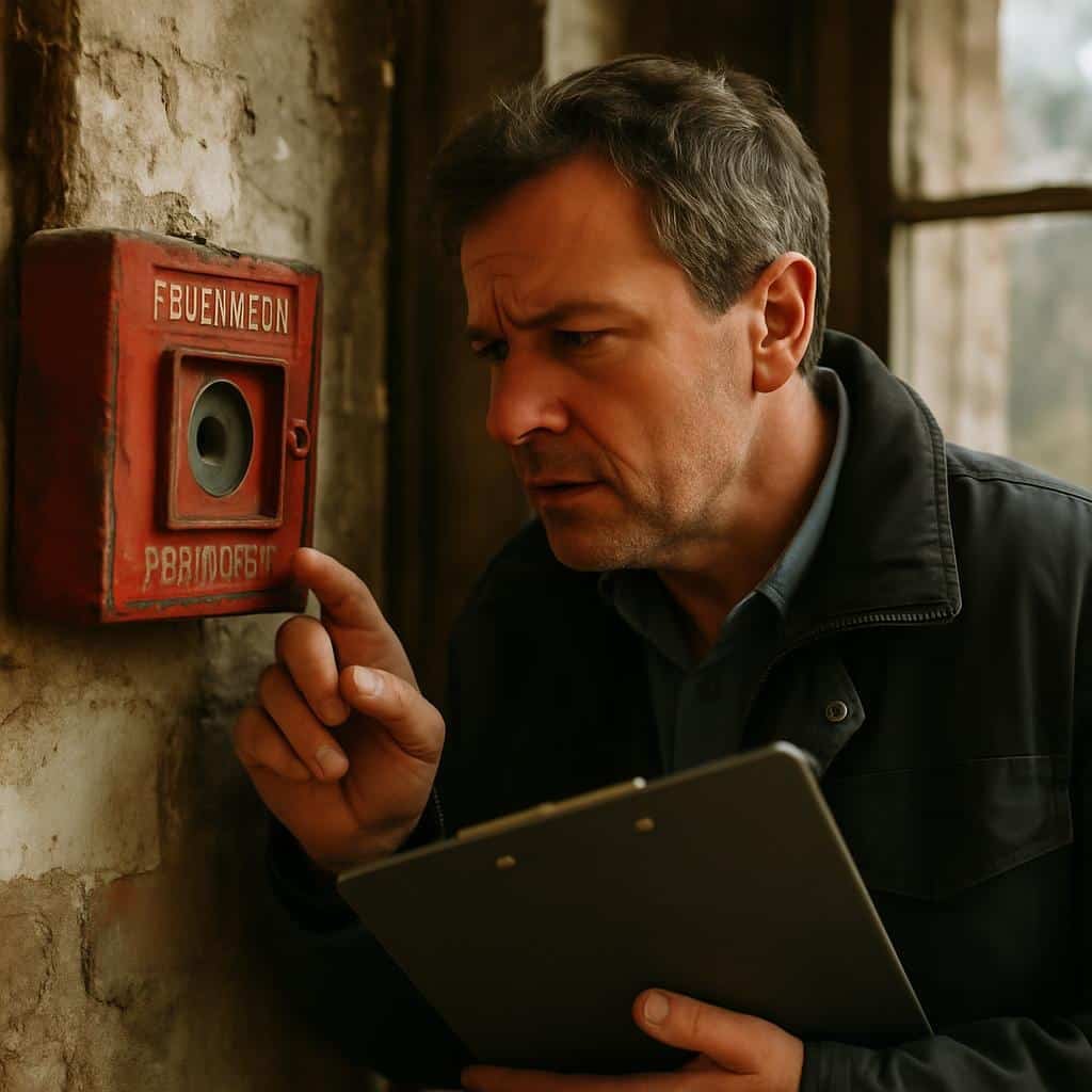 Man with clipboard checks red fire alarm device on crumbling interior wall