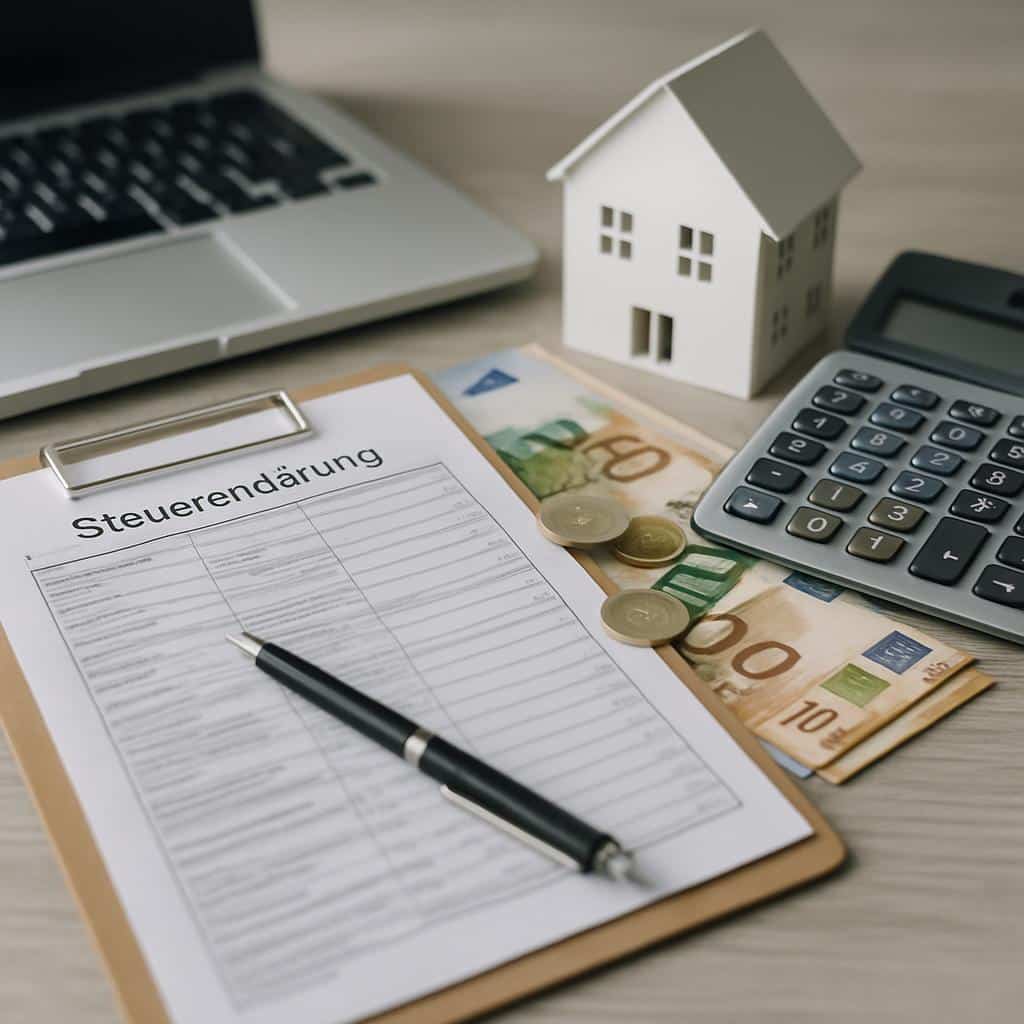Modellhaus, Taschenrechner, Eurogeld und Stift auf Klemmbrett mit Steueränderung-Formular vor Laptop