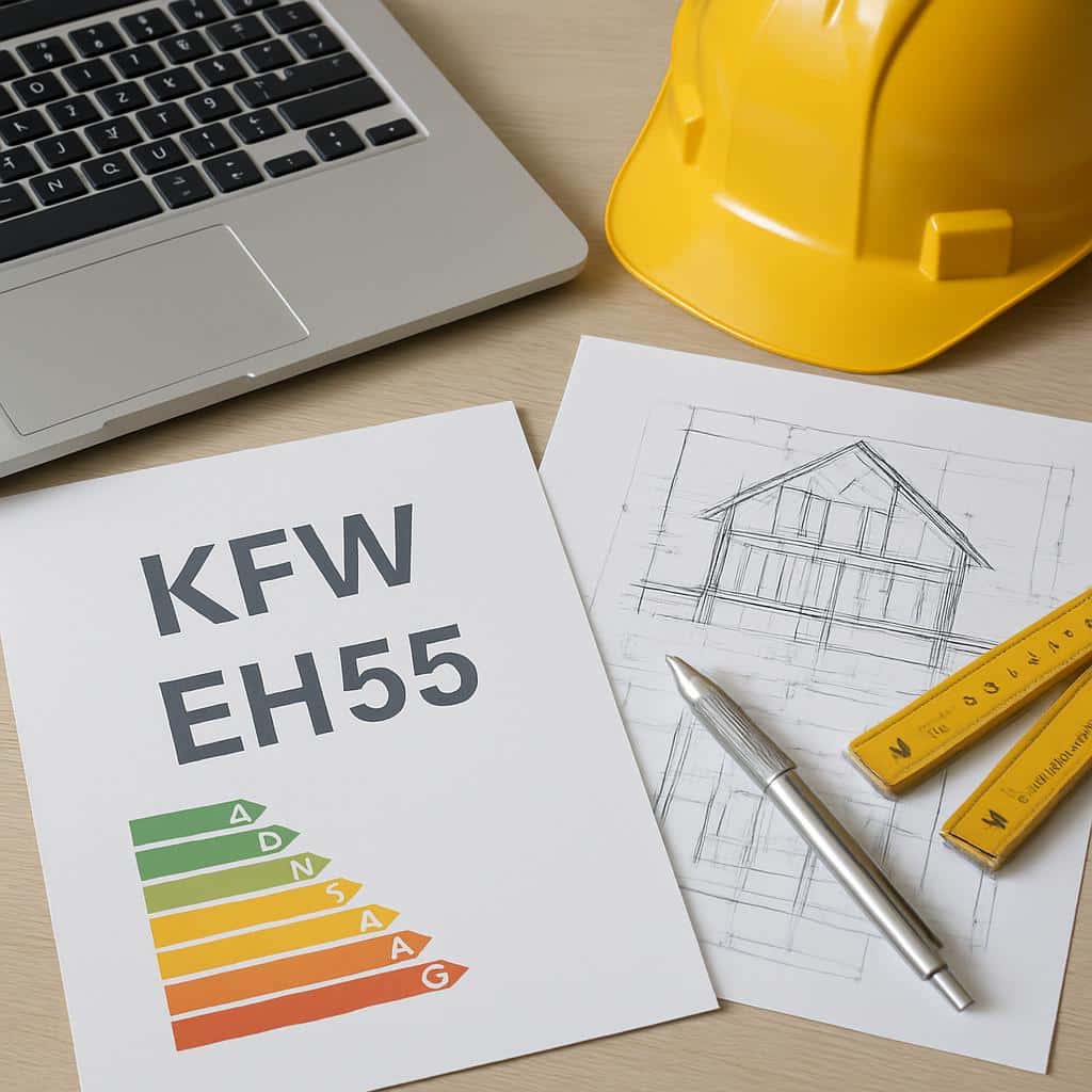 KfW EH55 efficiëntieklasse illustratie naast huisontwerp, laptop, gele bouwhelm en duimstok