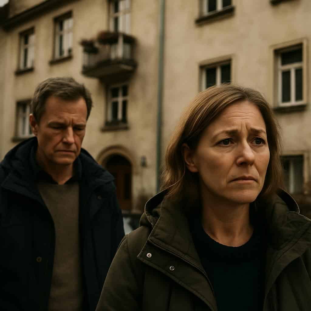 灰褐色多层房屋前的两个人，房屋有一个小阳台