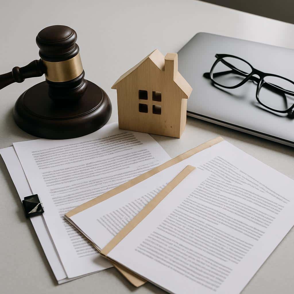 Miniaturhaus aus Holz neben Richterhammer, Dokumentenstapel und Laptop mit Brille auf Tisch