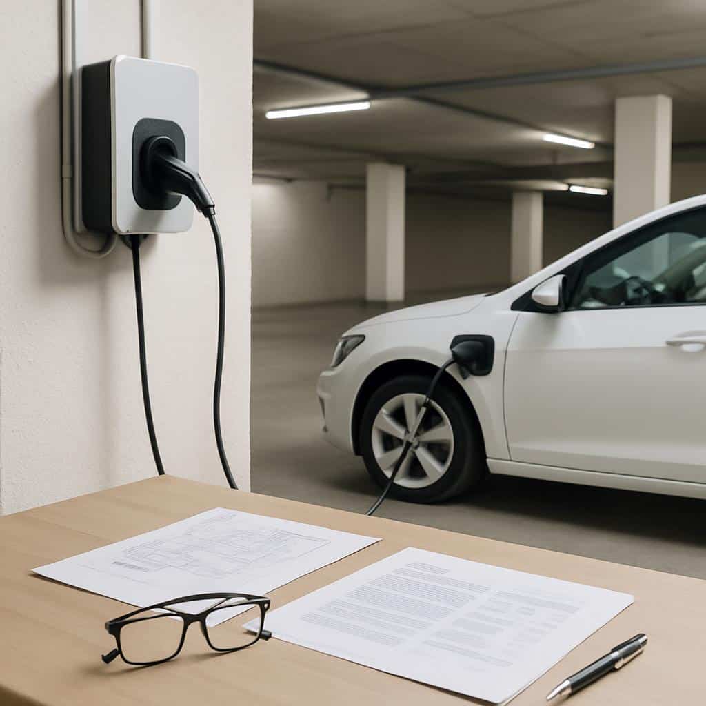Elektroauto an Ladestation in Tiefgarage neben Tisch mit Brille und Unterlagen