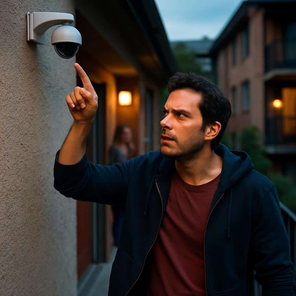 Person vor Wohnhaus deutet auf Wandkamera an Hausfassade bei Dämmerung