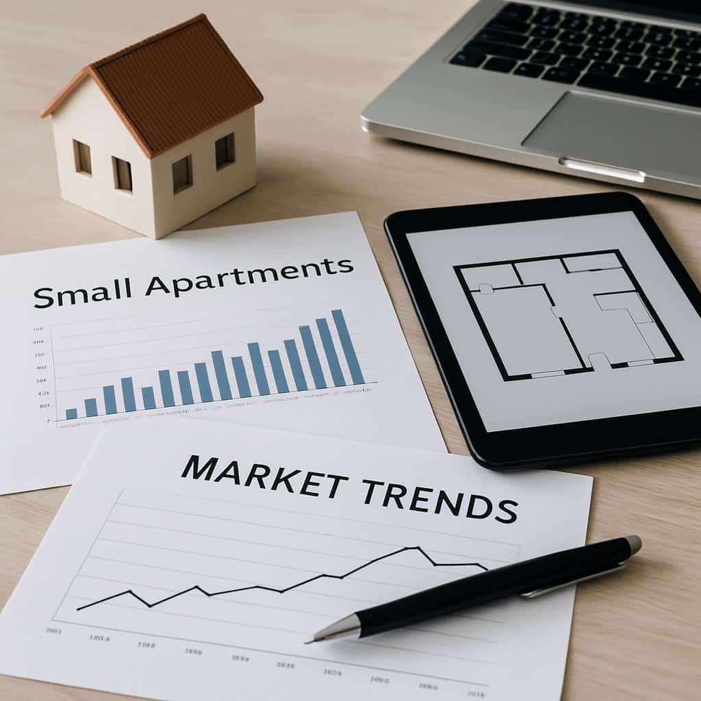 Tafelbeeld van een modelwoning naast laptop, tablet met plattegrond en diagrammen over flat- en markttrends