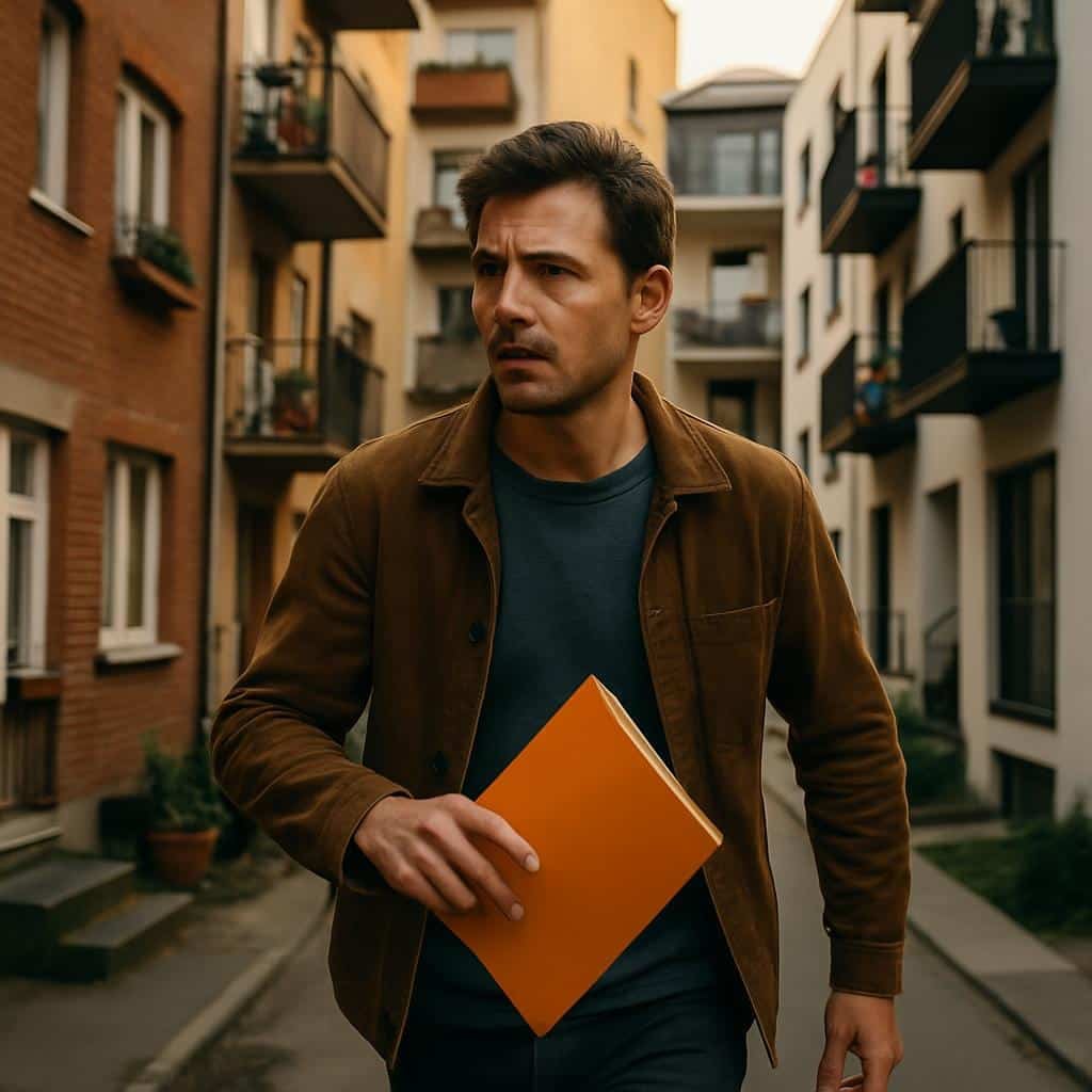 Vooraanzicht van een jonge man met een sinaasappelmap op de binnenplaats van een modern flatgebouw