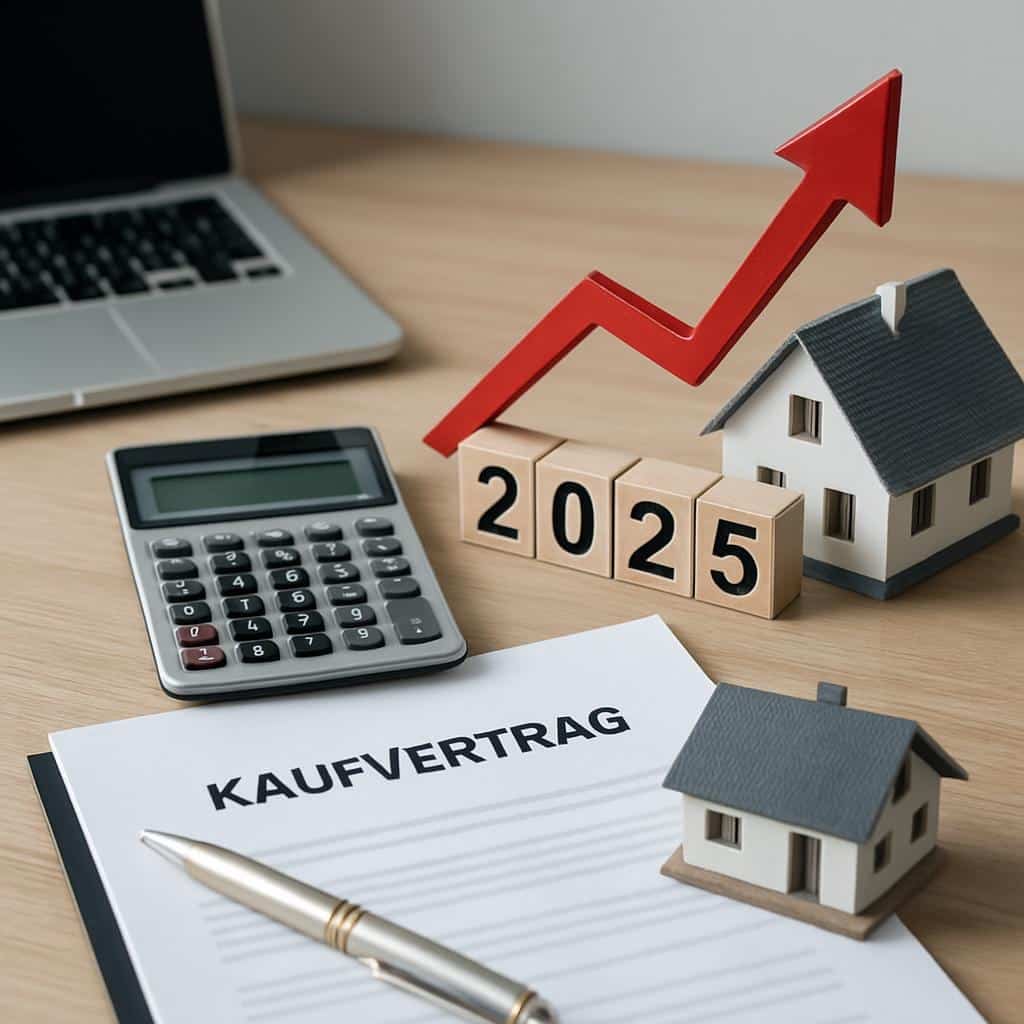Symbolbild steigender Immobilienwerte 2025 mit Miniaturhäusern, Vertragsdokument und rotem Aufwärtspfeil
