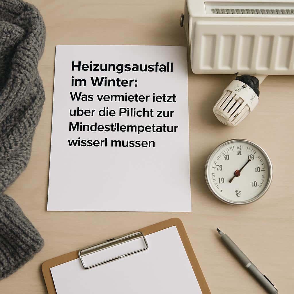 flache Draufsicht auf Thermostatventil, Manometer und Schal neben Zettel mit Hinweis zum Heizungsausfall im Winter