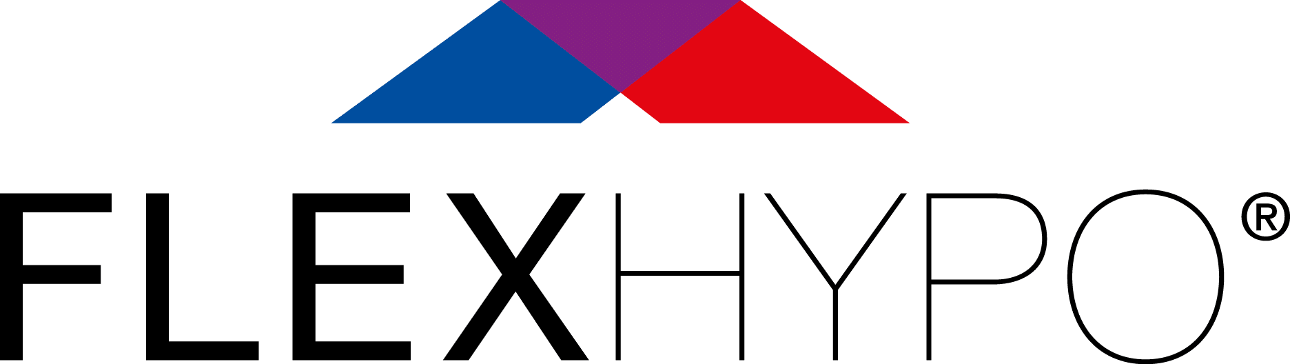 FLEXHYPO-logo met gestileerde blauwe, paarse en rode daken boven zwarte letters