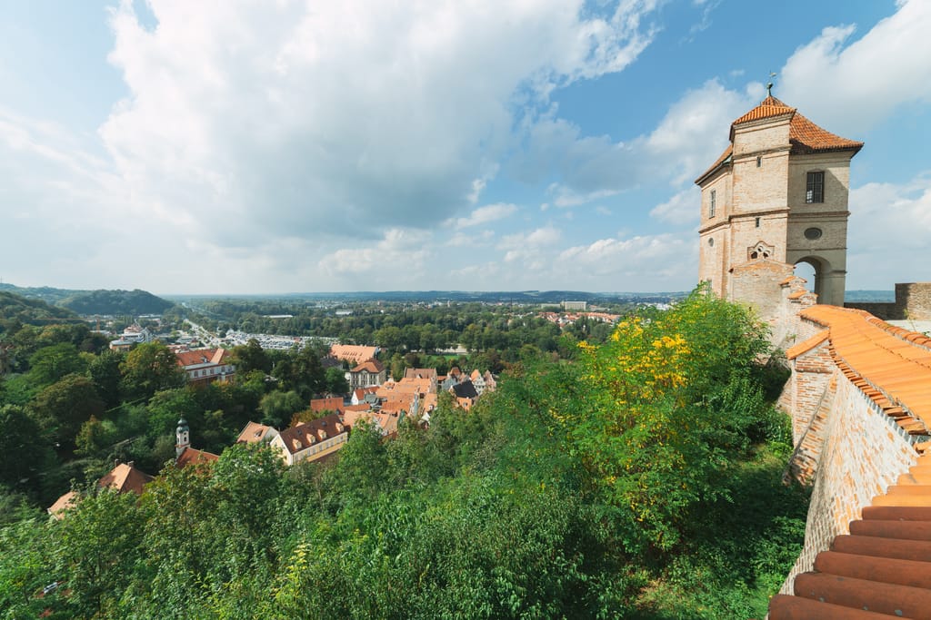 Blick von historischem Burgturm auf Stadt mit roten Ziegeldächern und bewaldeten Hügeln im Hintergrund