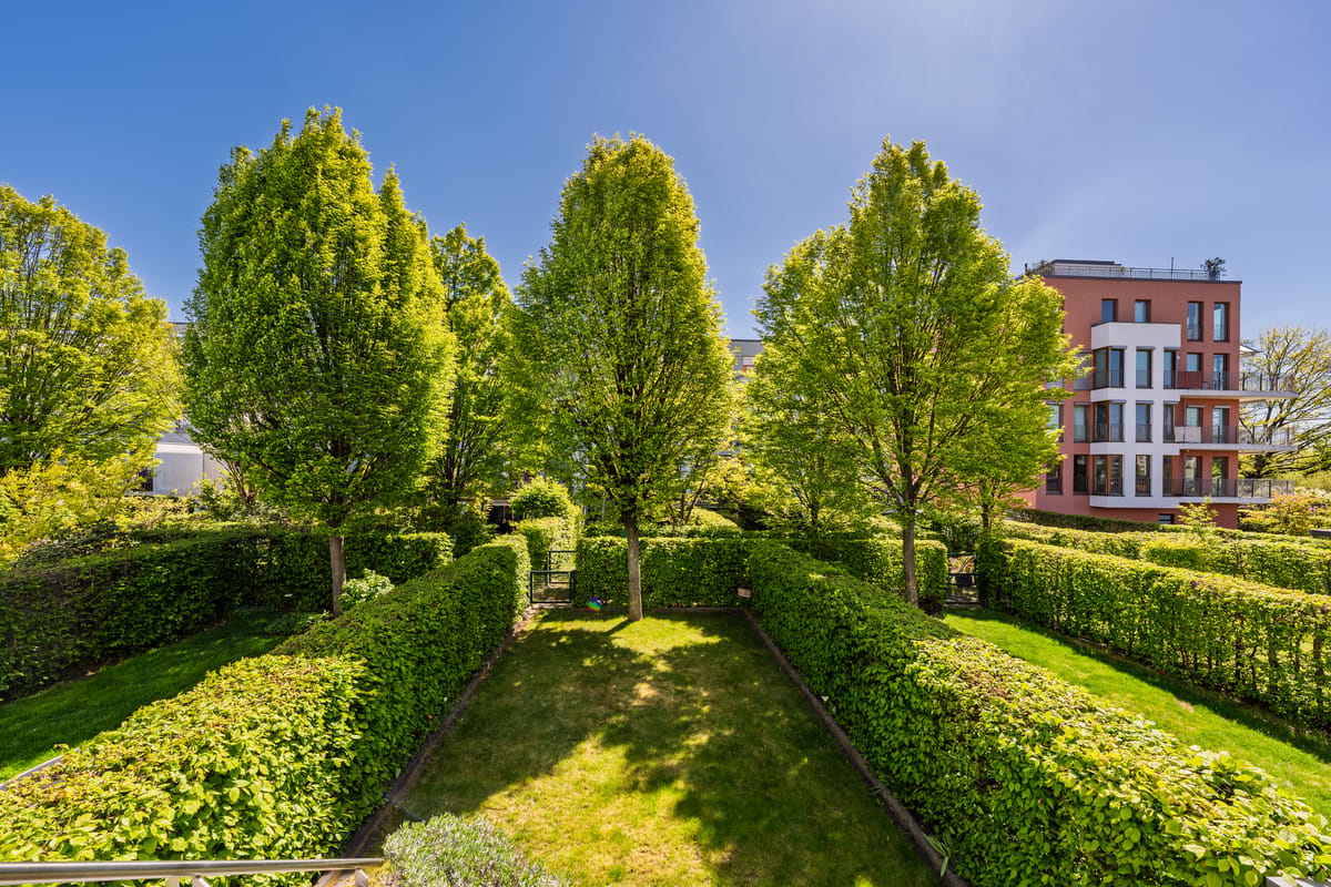 Sonniger Außenbereich mit ruhiger Ausrichtung ins Grüne