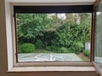 Vista de janela aberta para um jardim exuberante com telhado de estufa e densa plantação de árvores