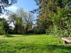 Vista sobre relva verde no jardim com árvores altas, arbustos densos e espreguiçadeira de madeira