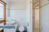 Detailansicht des Badezimmers mit Dusche und hellem Fliesenbild