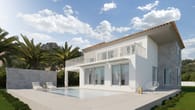Villa moderne à deux étages avec toit à pignon et façade en pierre naturelle, vue en biais avec piscine et palmiers