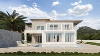 Zweistöckige moderne Villa in Frontalansicht mit Pool Terrasse Balkon und Palmen in mediterraner Umgebung