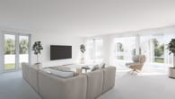 Helles modernes Wohnzimmer mit Panoramafenster und Terrassentür zum Garten, weißem Ecksofa und TV-Möbel