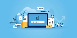 Иллюстрация защищенного ноутбука с запросом пароля и символом замка в окружении значков для связи и данных