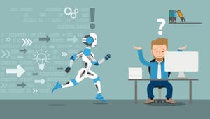 Illustration eines Roboters mit Datenpfeilen, der auf einen ratlosen Büroangestellten am Schreibtisch zuläuft