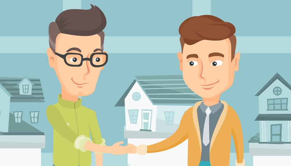 Frontalansicht von Einfamilienhäusern mit Satteldächern im Hintergrund und symbolischem Handschlag im Vordergrund