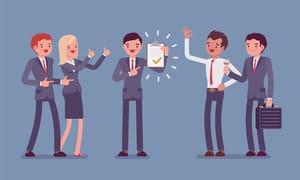 Illustratie van een groep zakenmensen frontaal rond een klembord met vinkjes