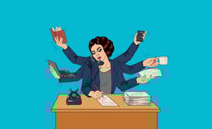 Illustration einer vielarmigen Geschäftsfrau frontal am Schreibtisch mit Telefon Laptop Unterlagen und Kaffeetasse