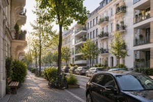 Mehrgeschossige Wohnhäuser entlang einer Stadtstraße mit Baum und Fahrrad im Tageslicht