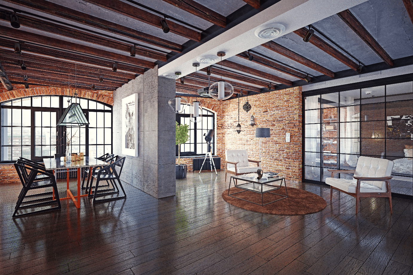 loftartiges Apartment mit offenem Wohn- und Essbereich, sichtbare Ziegelwände, Holzbalkendecke, raumhohe Metallfenster