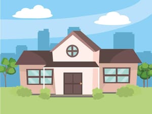 Frontansicht eines freistehenden Einfamilienhauses mit Satteldach rosa Fassade rundem Dachfenster und Vorgarten