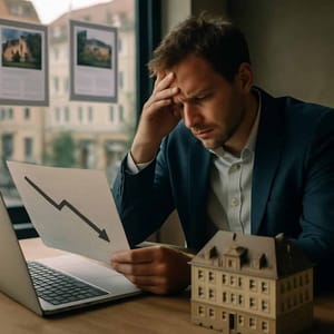 Side view of a desk with laptop, paper with falling arrow curve and model house