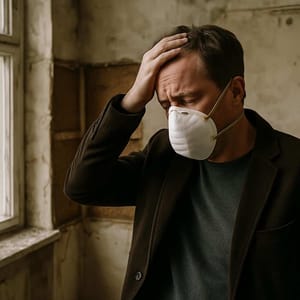 Man with breathing mask in dilapidated room at the window