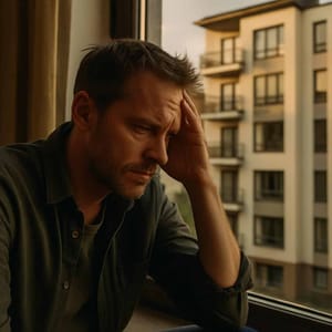 nachdenklicher Mann stützt Kopf an Hand und blickt aus Fenster auf modernes Mehrfamilienhaus im Abendlicht