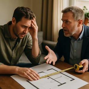 Close-up of two men at a table in front of a building plan with measuring tape in tense discussion