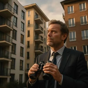 Person with binoculars in front of modern apartment blocks with balconies from an oblique perspective