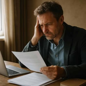 Person at desk reading documents next to open laptop in home office