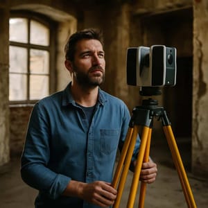 Vooraanzicht van een 3D-laserscanner op een geel statief in een ongerenoveerd oud gebouw