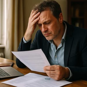 Mann im Anzug sitzt am Schreibtisch und liest konzentriert Papierdokumente neben Laptop