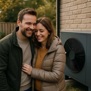 Jong stel knuffelt voor de buitenunit van een warmtepomp op een bakstenen muur in de tuin