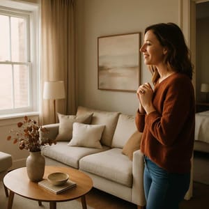 Zijaanzicht van de woonkamer van een moderne flat met lichtgrijze bank rond houten tafel voor een licht raam met gordijn