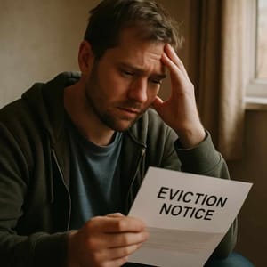 Close-up of a man with a worried look on his face reading a cancellation letter with the inscription Eviction Notice
