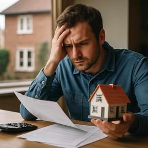 Mann sitzt am Tisch mit Modellhaus und Finanzunterlagen vor Fensterfront