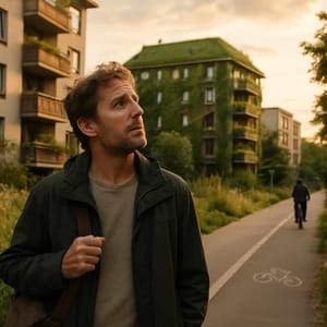 Mehrfamilienhaus mit begrünten Fassaden und Balkonen von vorne am Radweg mit Radpiktogramm