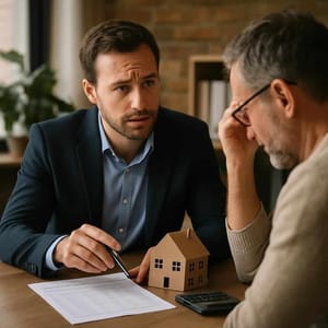 Two men consulting at a table with a mini paper house model and documents in the office